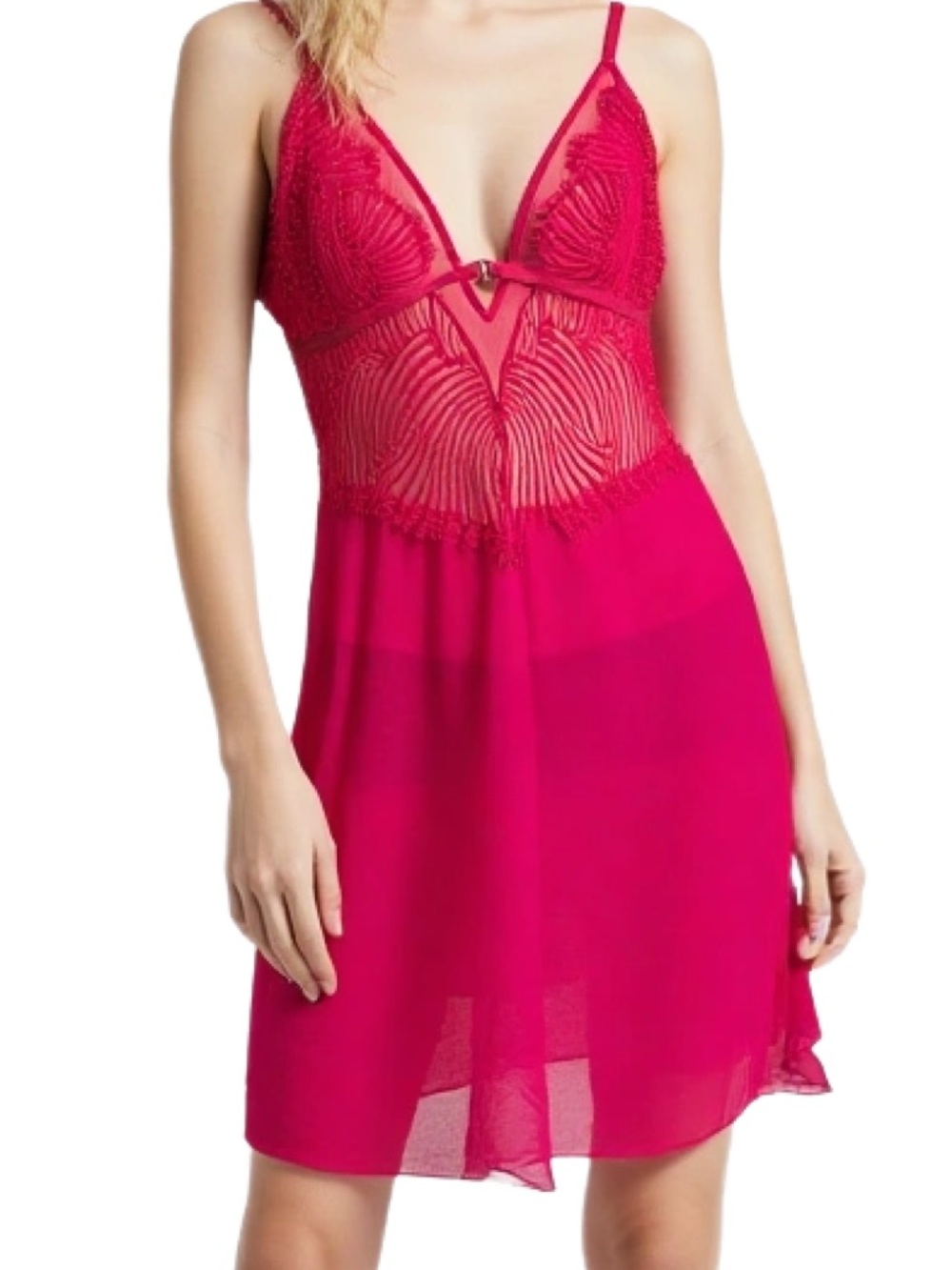 La Vie En Rose Fuchsia Lace Trim Sheer Chemise Slip Dress Size Large
